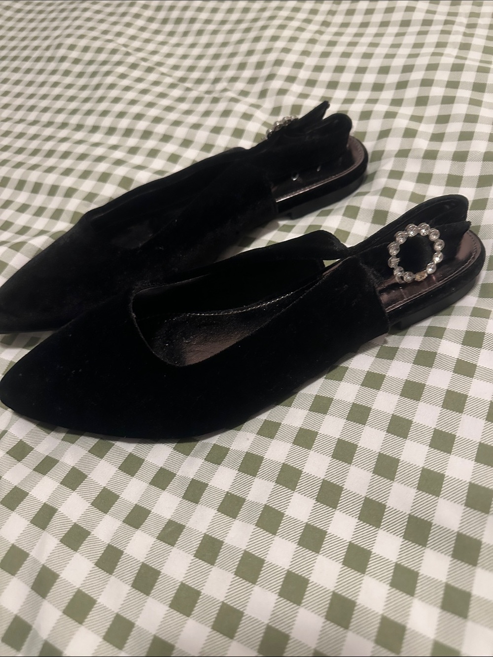 Black Velvet Pointed Slingback Flats with Crystal Ring Accent